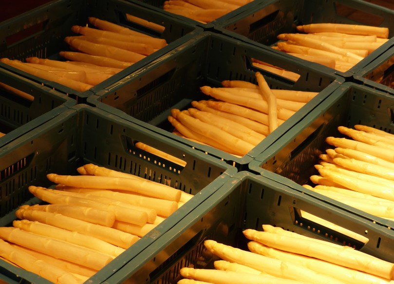 Übersichtsbild über Kisten mit weißem Spargel