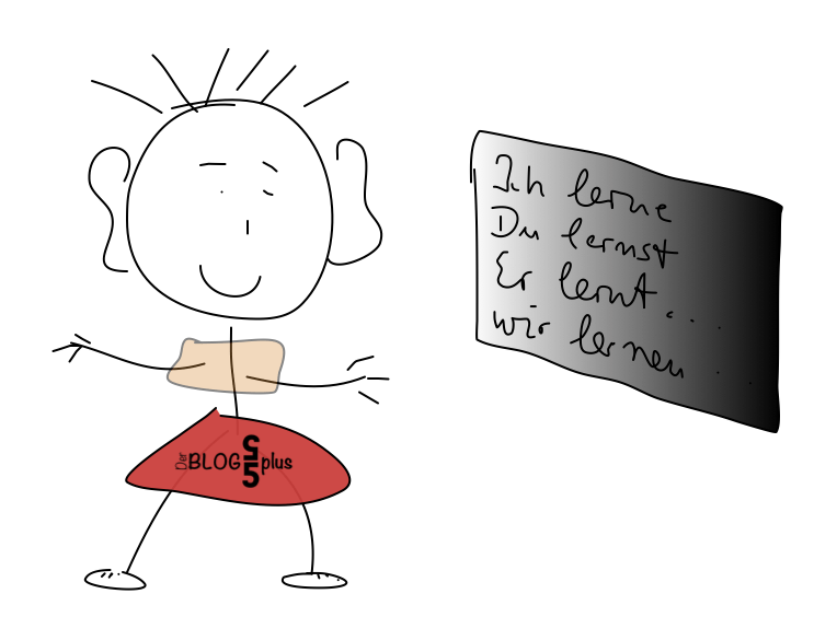 Strichmännchen Schulkind vor Tafel