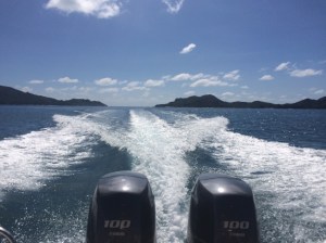 Blick auf 2 Motoren im -Speedboat