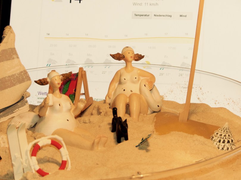 sonnenbadende Figuren, im Hintergrund die Wettervorhersage
