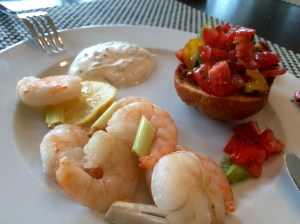 Gambas, Estragonsoße, Bruschetta 
